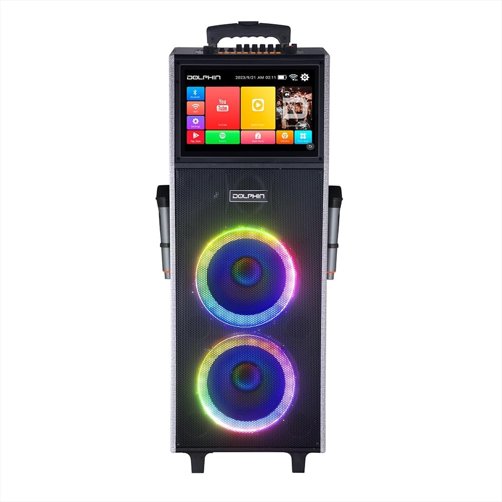 Dolphin KB-2100R Rechargeable Karaoke Machine with 2 Wireless Mics & Lyrics Display Screen | Dual 10" Speakers, 14" Touchscreen Tablet, Voice Modulation, Bluetooth, USB, TF, FM, AUX, Portable