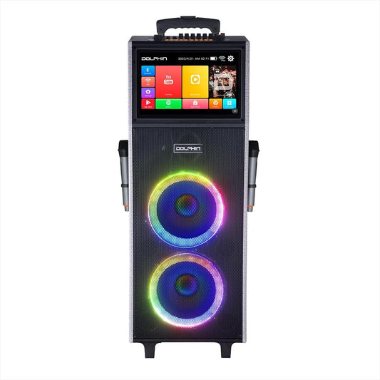 Dolphin KB-2100R Rechargeable Karaoke Machine with 2 Wireless Mics & Lyrics Display Screen | Dual 10" Speakers, 14" Touchscreen Tablet, Voice Modulation, Bluetooth, USB, TF, FM, AUX, Portable