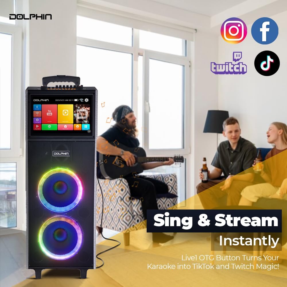 Dolphin KB-2100R Rechargeable Karaoke Machine with 2 Wireless Mics & Lyrics Display Screen | Dual 10" Speakers, 14" Touchscreen Tablet, Voice Modulation, Bluetooth, USB, TF, FM, AUX, Portable