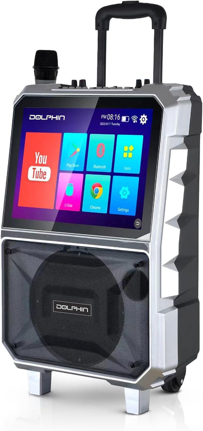 Dolphin KB-85R Portable Karaoke Machine | 14" Tablet, Voice Modulation, HDMI, Bluetooth, USB, SD, FM | Rechargeable, 8" 100 Watts, Trolley Handle & Wheels