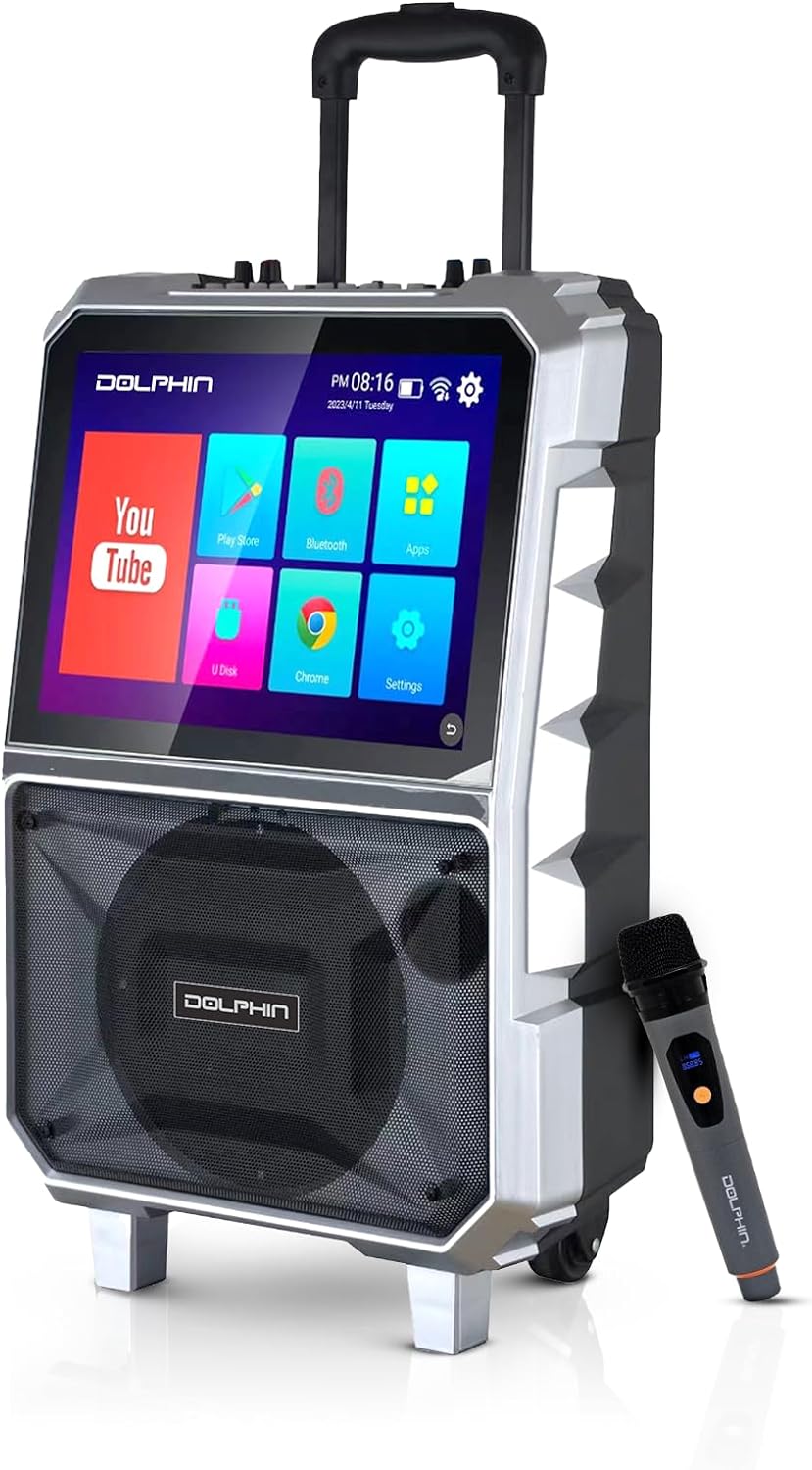 Dolphin KB-85R Portable Karaoke Machine | 14" Tablet, Voice Modulation, HDMI, Bluetooth, USB, SD, FM | Rechargeable, 8" 100 Watts, Trolley Handle & Wheels