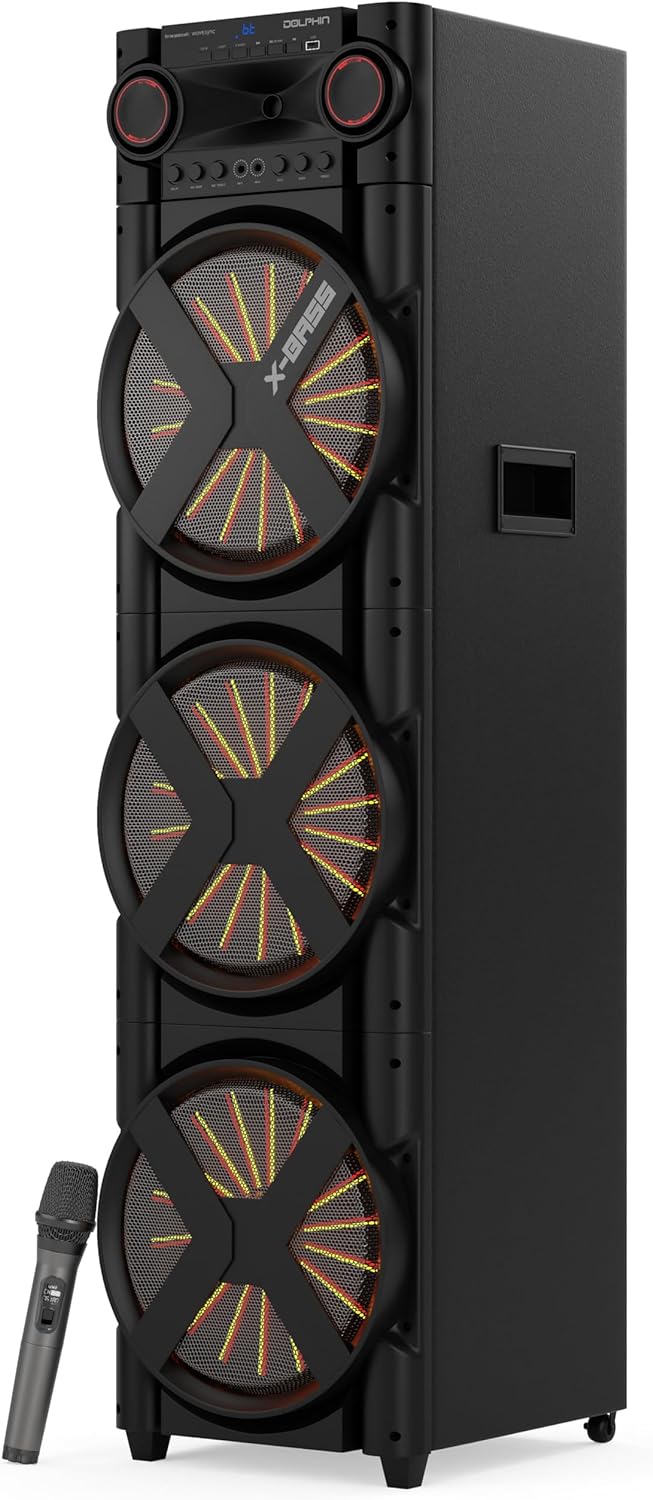 Dolphin XL-312 Triple 12" Bluetooth Speaker - 6000W High-Power Output with X-Bass, Wireless Microphone, Ideal for Karaoke, PA Systems, Parties, and DJs