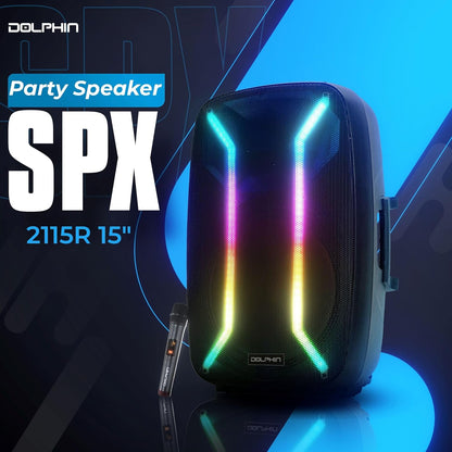 Dolphin SPX-2115R Professional 15" Portable Speaker - 15-Inch Rechargeable Party Speaker w/Wireless Microphone, Ultra HD Multicolor Lights, XLR & AUX Inputs, Long Lasting Battery with Deep Bass