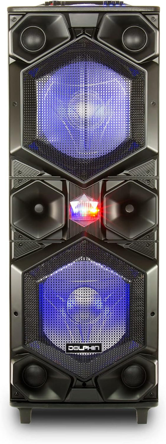 Dolphin SP-155BT Party Station 7000 Watt Standing All Purpose Portable Speaker with Dual 15 Inch Woofers and Sound Activated Blue LED Lights