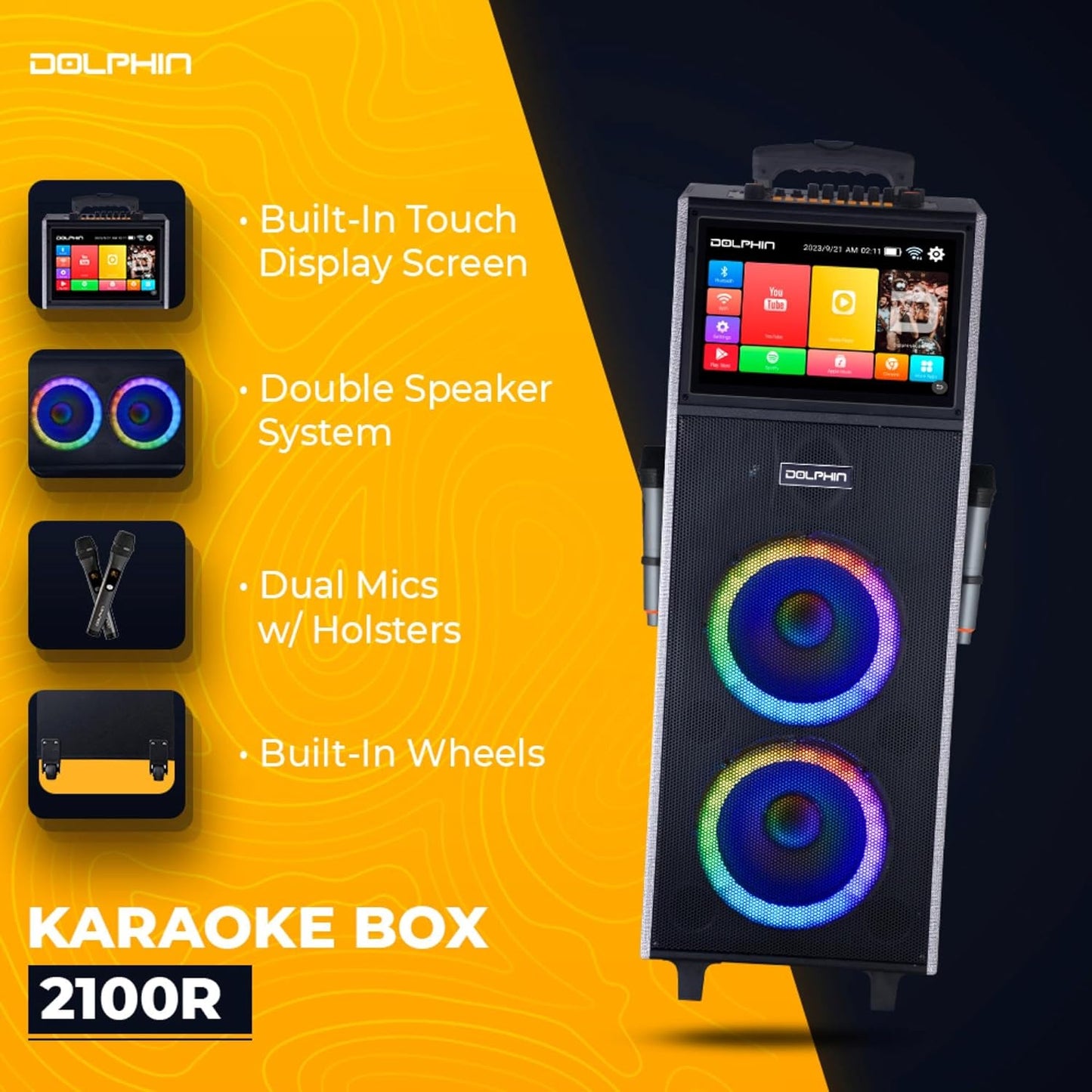 Dolphin KB-2100R Rechargeable Karaoke Machine with 2 Wireless Mics & Lyrics Display Screen | Dual 10" Speakers, 14" Touchscreen Tablet, Voice Modulation, Bluetooth, USB, TF, FM, AUX, Portable