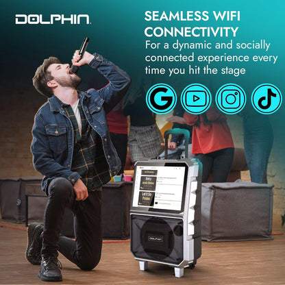 Dolphin KB-85R Portable Karaoke Machine | 14" Tablet, Voice Modulation, HDMI, Bluetooth, USB, SD, FM | Rechargeable, 8" 100 Watts, Trolley Handle & Wheels