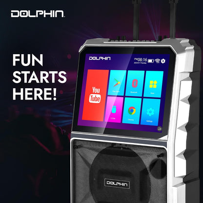 Dolphin KB-85R Portable Karaoke Machine | 14" Tablet, Voice Modulation, HDMI, Bluetooth, USB, SD, FM | Rechargeable, 8" 100 Watts, Trolley Handle & Wheels