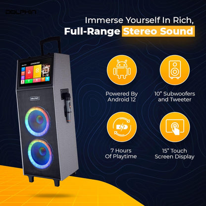 Dolphin KB-2100R Rechargeable Karaoke Machine with 2 Wireless Mics & Lyrics Display Screen | Dual 10" Speakers, 14" Touchscreen Tablet, Voice Modulation, Bluetooth, USB, TF, FM, AUX, Portable