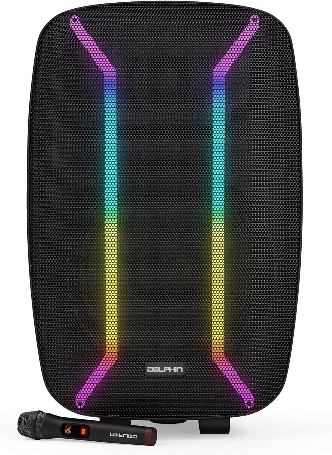 Dolphin SPX-2115R Professional 15" Portable Speaker - 15-Inch Rechargeable Party Speaker w/Wireless Microphone, Ultra HD Multicolor Lights, XLR & AUX Inputs, Long Lasting Battery with Deep Bass