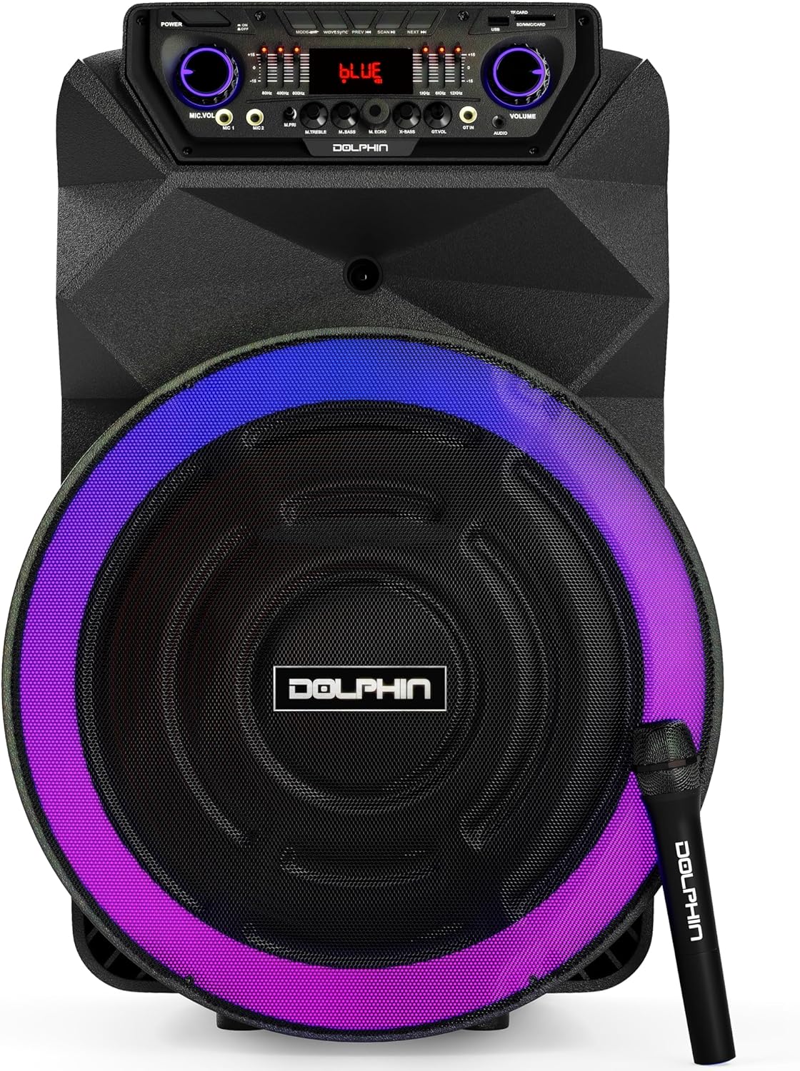 Dolphin SP-18RBT 18-Inch Portable Party Speaker - Rechargeable with Deep Bass, 4500W Peak Power, Wireless Microphones, USB/SD, FM Radio, AUX & Guitar Inputs, Extended Battery Life, 12V Input