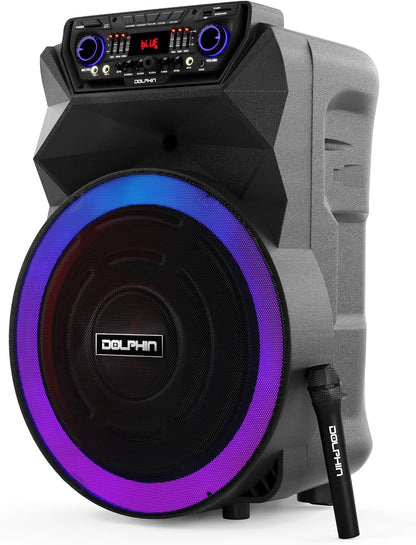 Dolphin SP-18RBT 18-Inch Portable Party Speaker - Rechargeable with Deep Bass, 4500W Peak Power, Wireless Microphones, USB/SD, FM Radio, AUX & Guitar Inputs, Extended Battery Life, 12V Input