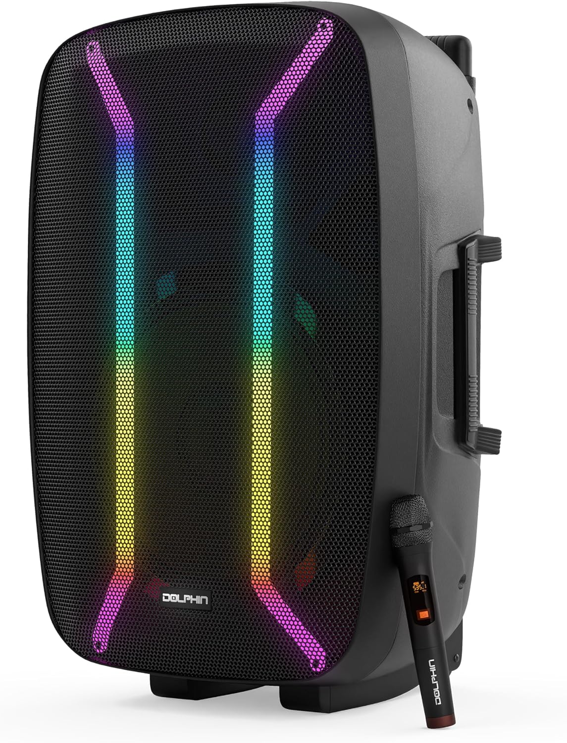 Dolphin SPX-2115R Professional 15" Portable Speaker - 15-Inch Rechargeable Party Speaker w/Wireless Microphone, Ultra HD Multicolor Lights, XLR & AUX Inputs, Long Lasting Battery with Deep Bass